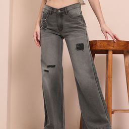 Mast & Harbour Women Wide Leg Low Distress Light Fade Stretchable Jeans-image-62