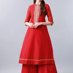 Vishudh Women Red Yoke Design Embroidered A-Line Kurta-picture-16