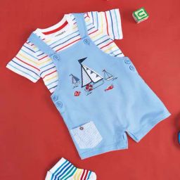 Pantaloons Baby Kids Sky Blue & White Cotton Printed Dungaree Set-picture-17