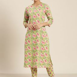Sangria Women Green & Pink Ethnic Motifs Printed Regular Pure Cotton Kurta with Trousers-28