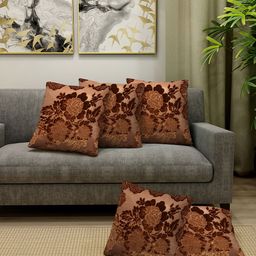 HOSTA HOMES Brown Set of 5 Floral Embossed Velvet Square Cushion Covers-21