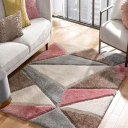 CARPETIFY Peach-Coloured & Grey Geometric Printed Anti-Skid Carpet-28
