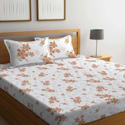 Klotthe Floral White & Beige 300 TC Cotton Blend King Bed Sheet with 2 Pillow Covers-picture-47