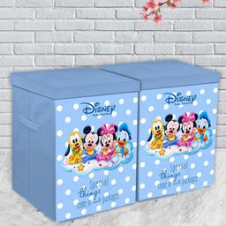 Kuber Industries Set of 2 Blue & White Mickey Printed Foldable Organiser With Lid & Handles-35