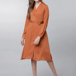 Basics By Tokyo Talkies Women Rust Solid A-Line Dress with Belt-image-46