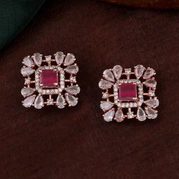 Estele Rose Gold-Plated CZ Sparkling Square Design Stud Earrings-22