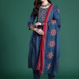 Indo Era Ethnic Motifs Printed Mirror Work Pure Cotton Kurta with Trousers & With Dupatta-image-57