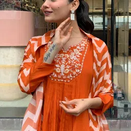 URMIR FASHION Women Embroidered Pleated Thread Work Kurta with Trousers & With Dupatta-picture-7