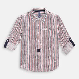 Blue Giraffe Boys White & Red Regular Fit Striped Casual Shirt-image-16