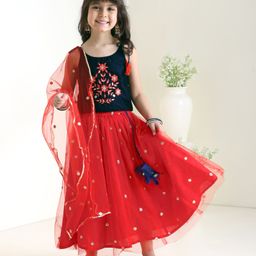 Babyhug Sleeveless Choli & Lehenga with Dupatta - Red-picture-12
