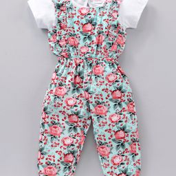 Babyhug Rayon Sleeveless Jumpsuit with Half Sleeves Inner Tee Floral Print - Light Green White-image-44