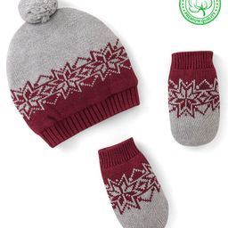 Babyhug Organic Cotton Woollen Cap and Mitten Set Floral Design Grey & Red - Cap Diameter 9.5 cm-28