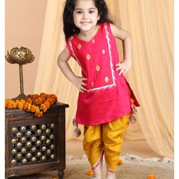 Kinder Kids Sleeveless Diamond Blocked Design   Embroidered & Gota Lace Embellished Kurti With Dhoti - Pink & Yellow-image-0