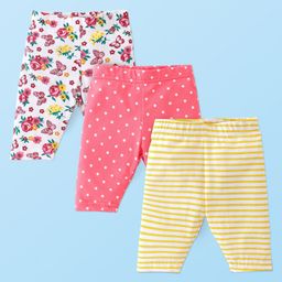 Babyhug Single Jersey Knit  Three Fourth Leggings Stripe Floral & Dot Print Pack of 3- Pink White & Yellow-image-66