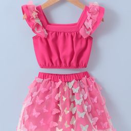 Kookie Kids Frill Sleeves Top And Skirt Set with Butterfly Applique - Pink-19