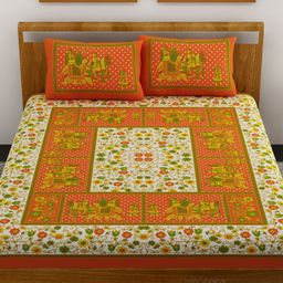 UniqChoice 100 Percent Cotton Jaipuri Traditonal Double BedSheet With 2 Pillow Cover - Orange-image-31
