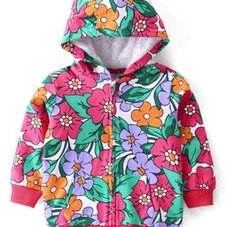 Babyhug Cotton Knit Full Sleeves Hooded Front Open Sweatjacket with Floral Print & Kangaroo Pockets - Pink-image-64