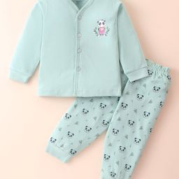 Tango Interlock Knit Full Sleeves Front Open Night Suit with Panda Print - Light Green-16