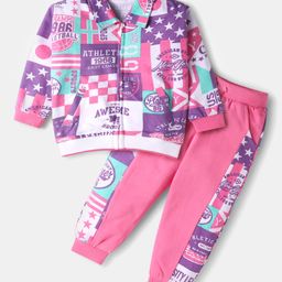 Babyhug Terry Knit Full Sleeves Sweatjacket & Lounge Pant Set With Text Print - Purple & Pink-image-80