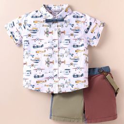 ToffyHouse Cotton Woven Half Sleeves Airplane Printed Shirt & Shorts With Bow & Suspender - White Red & Olive Green-image-38