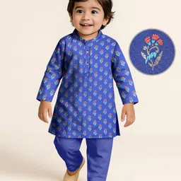 EARTHY TOUCH Single Jersey Knit Full Sleeves Floral Printed Kurta Pyjama Set - Blue-picture-18
