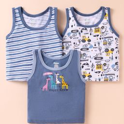 OHMS Single Jersey Knit Sleeveless Vests with Animal & Vehicle Print & Stripes Pack of 3 - Blue & White-image-14