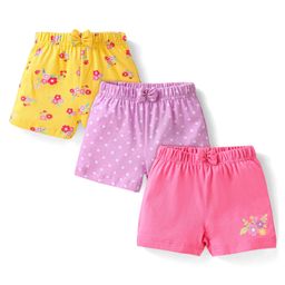 Babyhug Cotton Knit Mid Thigh Floral & Polka Dots Printed Shorts with Bow Applique Pack of 3 - Pink Yellow & Lavender-image-97