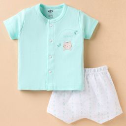 Zero Sinker Knit Half Sleeves Shorts Night Suit With Cat Print - Aqua Blue & White-picture-13