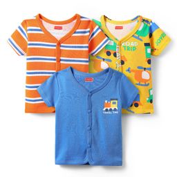 Babyhug 100% Cotton Front Open Half Sleeves Vest With Vehicles Print & Stripes Pack Of 3 - Blue Orange & Yellow-image-39
