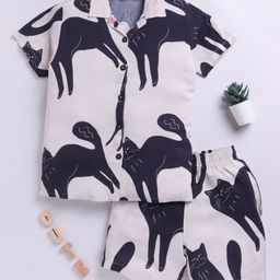 Clt.s Cotton Woven Half Sleeves Cat Printed Coordinating Night Suit Set - Beige-image-85