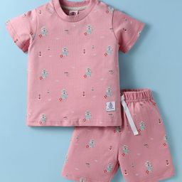Zero Sinker Knit Half Sleeves Co-ords Shorts Night Suit with Bear Print - Pink-46