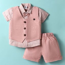 Mini Taurus Textile Knit Half Sleeves Checks 3 Piece Party Suit With Bow Applique - Light Red-image-68