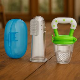 Badal Kidz Fruit Feeder Nibbler With Baby Silicone Finger Brush/Oral Brush/Baby Tounge Cleaner - Green & Blue (Pack Of 2)-image-76