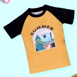 Kiddopanti Half Raglan Sleeves Summer Text Printed Swimming Tee - Mustard & Black-image-79