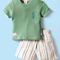 Mini Donuts Cotton Knit Half Sleeves Textured T-Shirt & Shorts with Stripes & Embroidery - Light Green-image-67