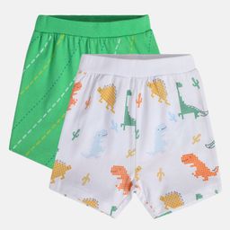 MINI KLUB Cotton Knit Pack Of 2 Dinosaur & Abstract Printed Shorts - Green & White-image-101