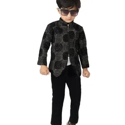 DOTSON Velvet Woven Street Wear Text Printed Tee & Trouser With Full Sleeves Sequins Embellished Jacket - Black-picture-19