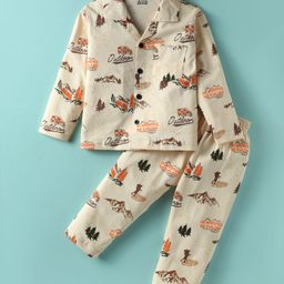 Smarty Boys Looper Knit Full Sleeves Co-Ord Night Suit With Jungle Print - Beige-image-96