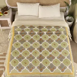Peepul Tree Green & Yellow Ethnic Motifs Printed Pure Cotton 300 GSM Single Bed Quilt-50