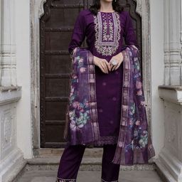 VredeVogel Floral Embroidered Straight Thread Work Kurta with Trousers & With Dupatta-27