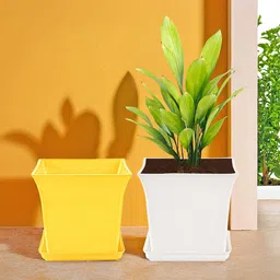 Kuber Industries 2-Pcs Yellow & White Premium Flower Pots for Garden withBottomPlates-19