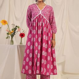 anayna Women Ethnic Motifs Printed Empire Pure Cotton Kurta with Trousers-picture-43