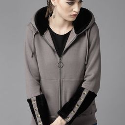 The Roadster Lifestyle Co Women Charcoal Grey Faux Fur Detail Hooded Solid Sweatshirt-picture-49