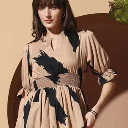 ZWERLON Abstract Printed Puff Sleeve Smocked Top-picture-13