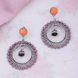 ToniQ Pink Silver Plated Oxidised Spherical Dangler Earrings for Women-31