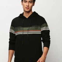 SHOWOFF Black Slim Fit Printed Hooded Sweatshirt-image-69