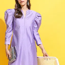 Vishudh Mauve Mandarin Collar Puff Sleeves Straight Kurta With Trousers-50
