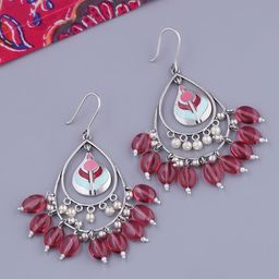 Voylla Maroon & Silver-Plated Enamelled Teardrop Shaped Drop Earrings-48