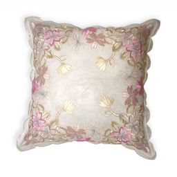 TANLOOMS Pink And White Floral Embroidered Square Cushion Cover-image-0
