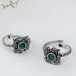 Teejh Ethnic Niya Green Stone Silver Oxidized Toe Rings for Women-image-79